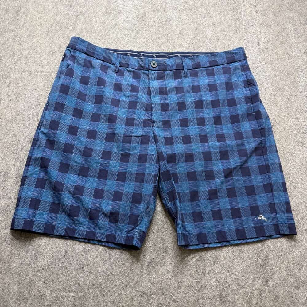 Tommy Bahama Golf Shorts Men 40 Blue Plaid Performance Nylon Stretch 10"